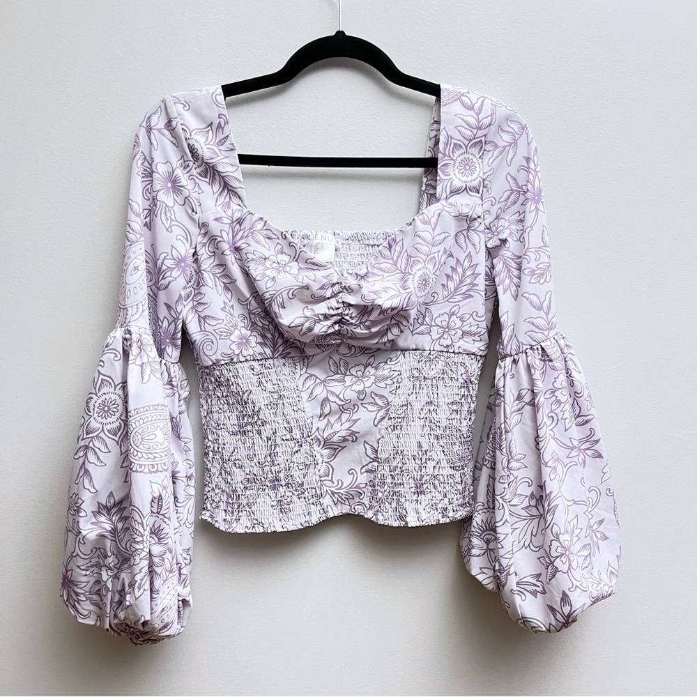 Venus Women’s 8 Floral Print Smocked Lavender Purple Puff Sleeve Top